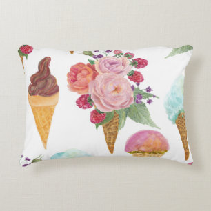 Ice-cream, raspberries: watercolor pattern. decorative cushion