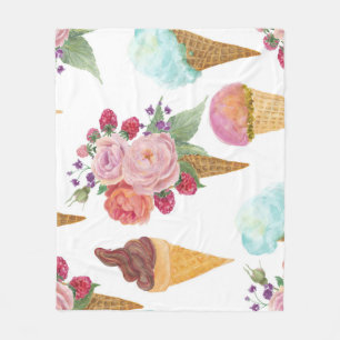 Ice-cream, raspberries: watercolor pattern. fleece blanket