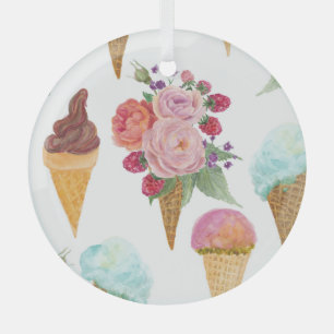 Ice-cream, raspberries: watercolor pattern. glass tree decoration