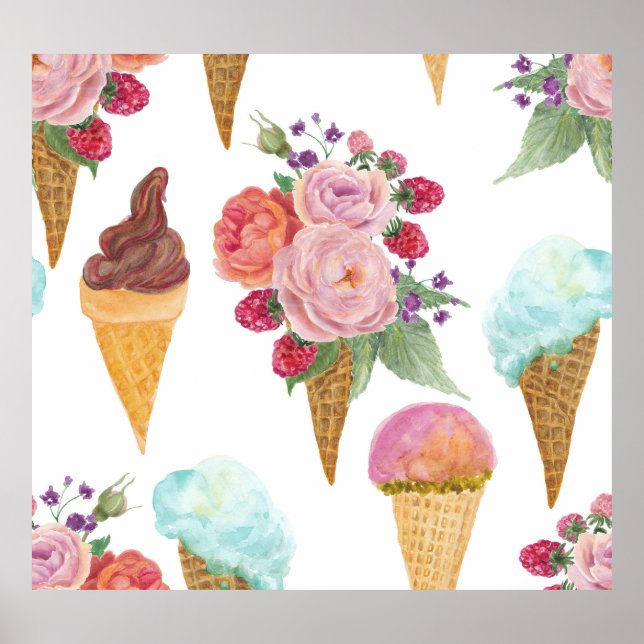 Ice-cream, raspberries: watercolor pattern. poster (Front)