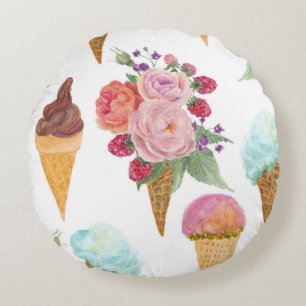 Ice-cream, raspberries: watercolor pattern. round cushion