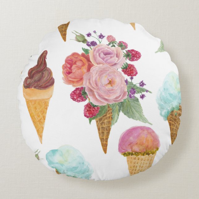 Ice-cream, raspberries: watercolor pattern. round cushion (Front)
