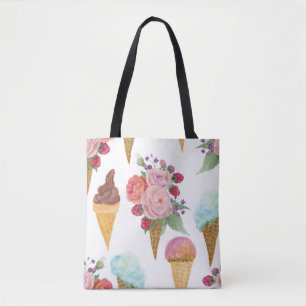 Ice-cream, raspberries: watercolor pattern. tote bag