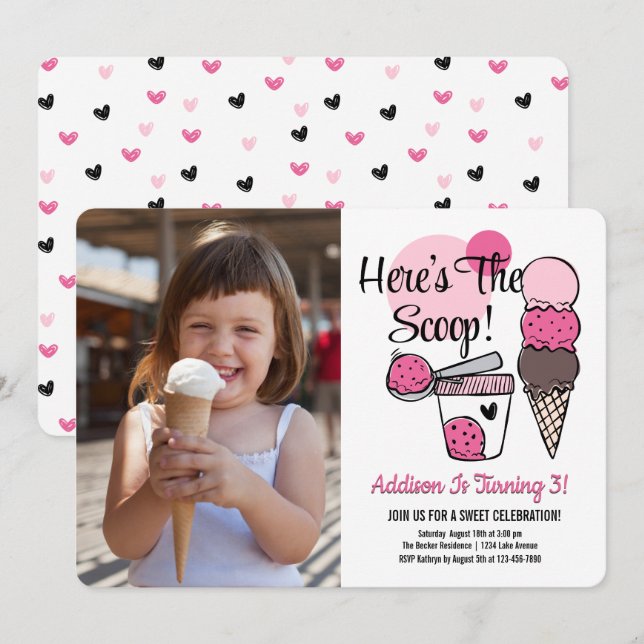 Ice Cream Scoop Birthday Party Photo Invitation (Front/Back)