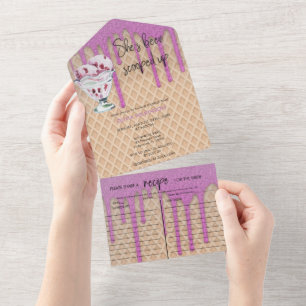 Ice Cream Scoop   Gold Pink Glitter Bridal Shower  All In One Invitation