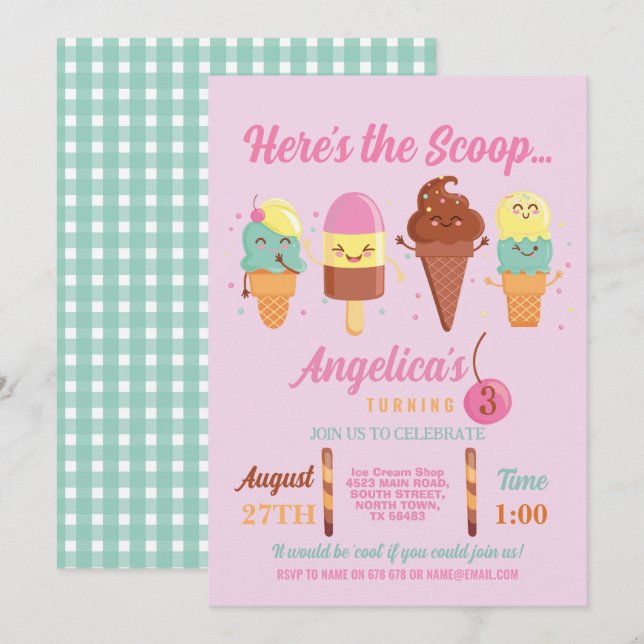 Ice Cream Scoop Shop Cute Girls Lolly Invitation (Front/Back)