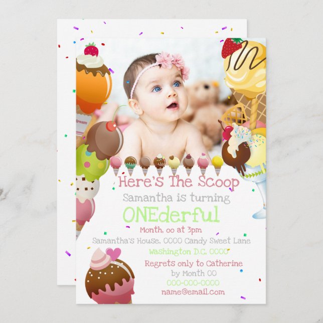 Ice cream scoop summer photo birthday party invitation (Front/Back)