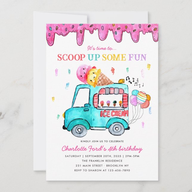 Ice Cream Scoop Up Fun Truck Summer Kids Birthday Invitation (Front)