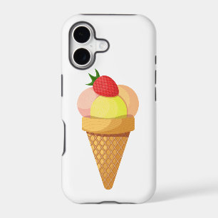 Ice cream scoops and strawberry in waffle cone