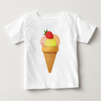 Ice cream scoops and strawberry in waffle cone