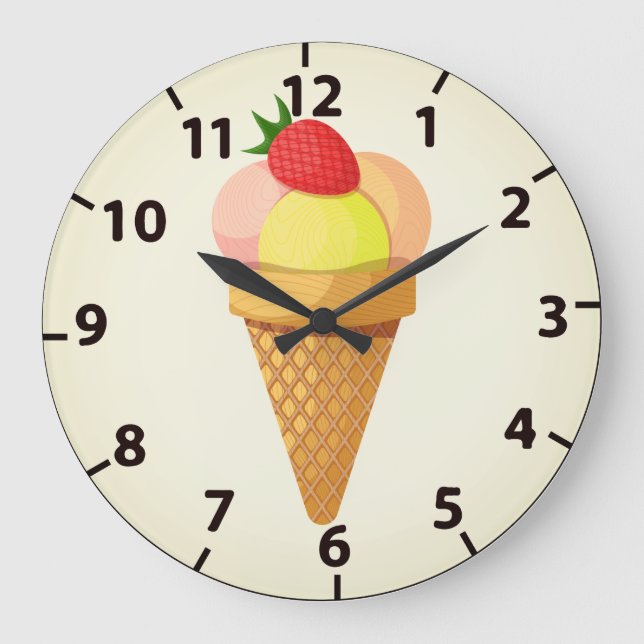 Ice cream scoops and strawberry in waffle cone large clock (Front)