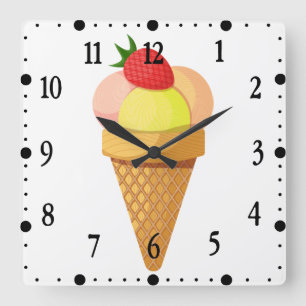 Ice cream scoops and strawberry in waffle cone square wall clock