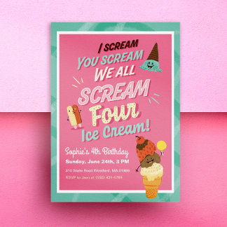 Ice Cream Scoops Kids 4th Birthday Party Invites