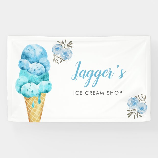 Ice Cream Shop Blue Floral Birthday Party Banner (Horizontal)