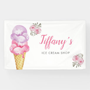 Ice Cream Shop Pink Floral Birthday Party Banner