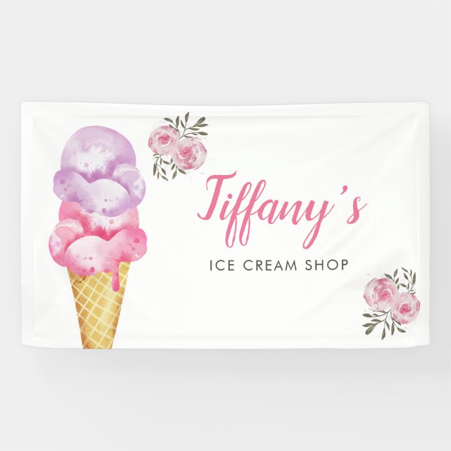 Ice Cream Shop Pink Floral Birthday Party Banner (Horizontal)
