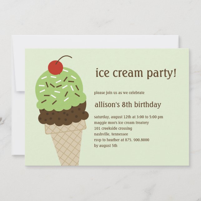 Ice Cream Shoppe Birthday Invitation - Green (Front)