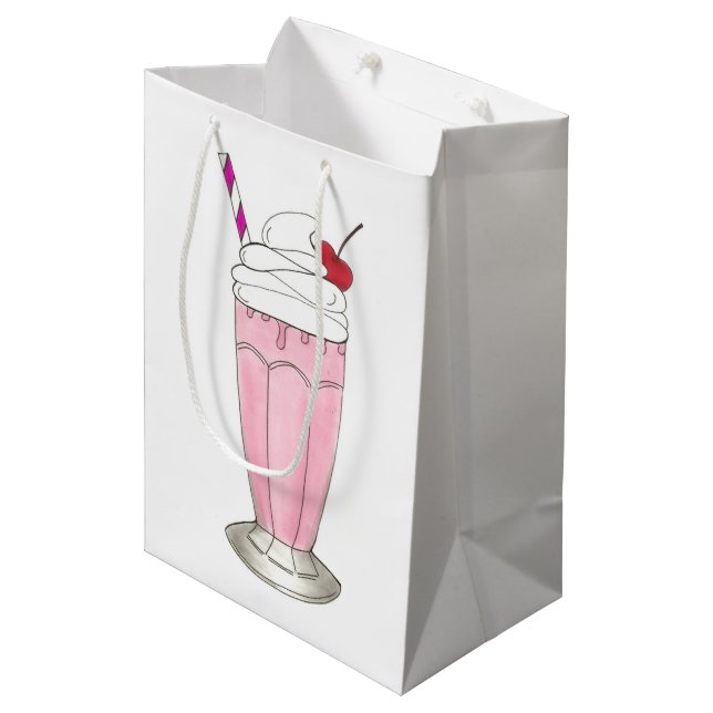 Ice Cream Shoppe Strawberry Pink Milkshake Foodie Medium Gift Bag (Front Angled)