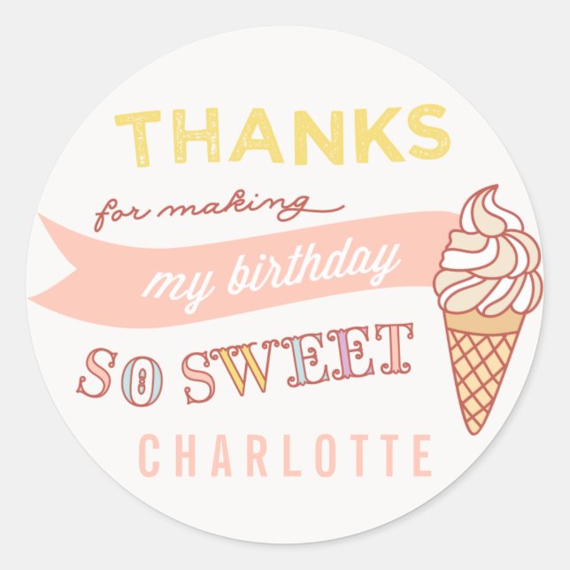 ICE CREAM SOCIAL birthday party thank you sticker (Front)