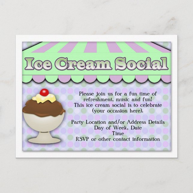 Ice Cream Social, Purple/Green Stripe Sundae Invitation Postcard (Front)