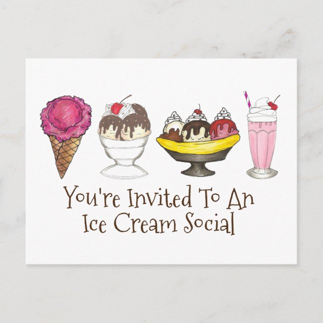 Ice Cream Social Sundae Cone Party Invitation Postcard (Front)
