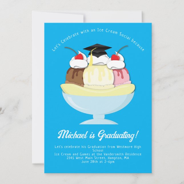 Ice Cream Social Sundae Graduation Party all Blue Invitation (Front)
