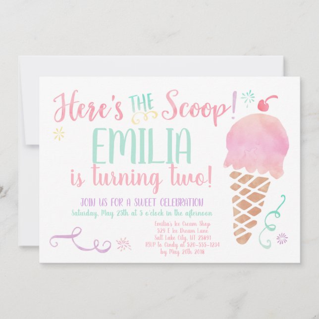 Ice Cream Social Watercolor Birthday Invitation (Front)