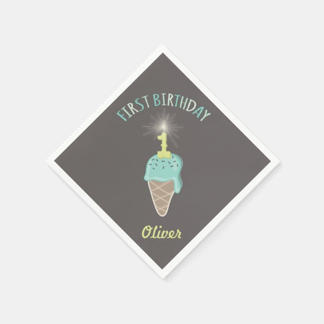 Ice Cream Sparkler 1st Birthday Party Paper Napkin (Corner)