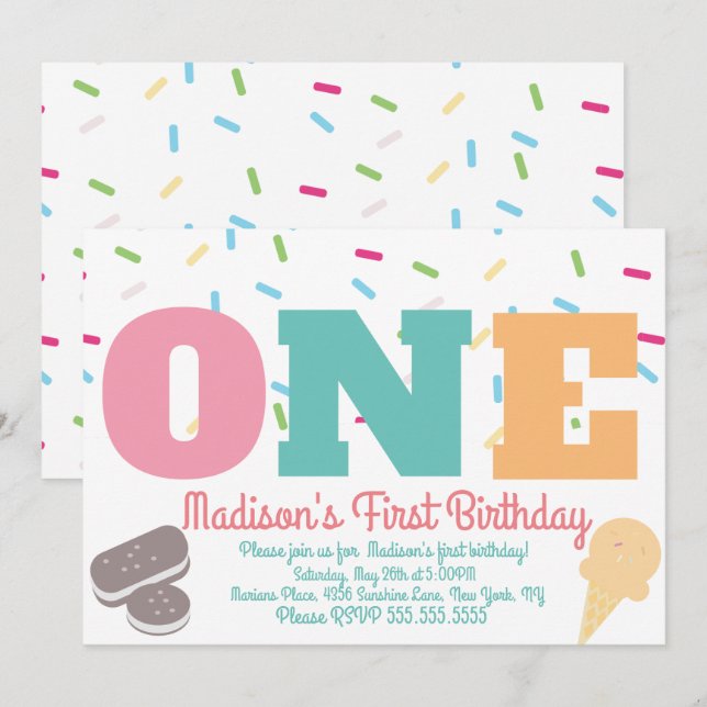 Ice Cream Sprinkles Pastel Girls Birthday Party Invitation (Front/Back)