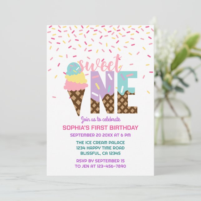 Ice Cream & Sprinkles Sweet One 1st Birthday Invitation (Standing Front)