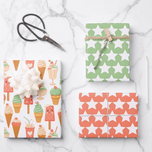Ice Cream Stars Wrapping Paper Set of 3 (Front)