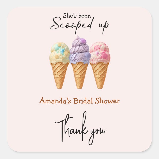 Ice Cream Summer Scooped Up Bridal Shower Favour Square Sticker (Front)