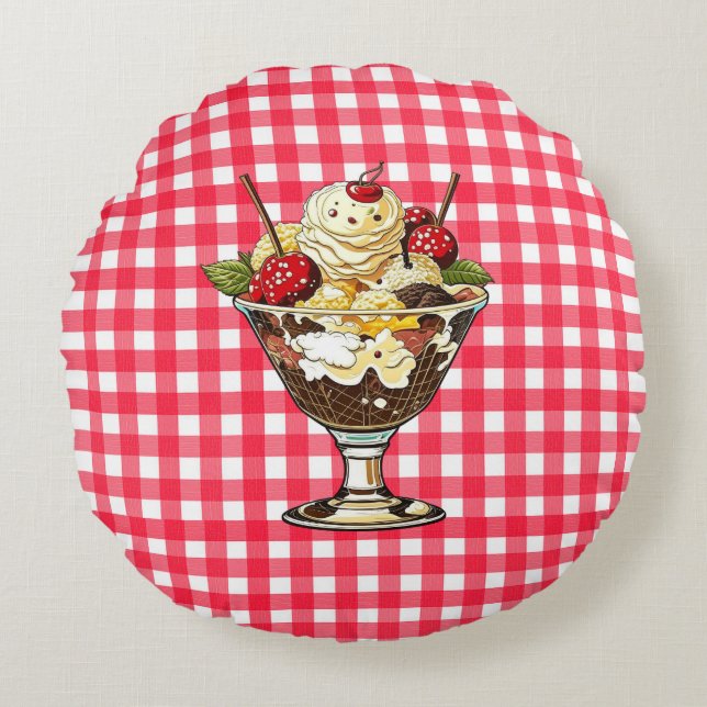 Ice Cream Sundae and Shake Red Chequered Round Cushion (Front)