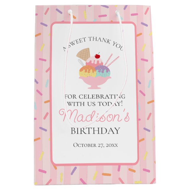Ice Cream Sundae Heres the Scoop Birthday Favours Medium Gift Bag (Front)