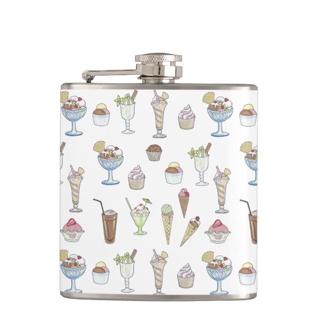 Ice Cream Sundae Pattern White Hip Flask (Front)