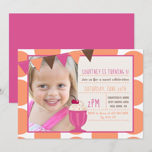 Ice-cream Sundae Polka Dots Girl Birthday Party Invitation (Front/Back)