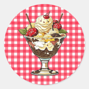 Ice Cream Sundae with Cherries Red Checkered Classic Round Sticker
