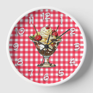 Ice Cream Sundae with Cherries Red Chequered Clock