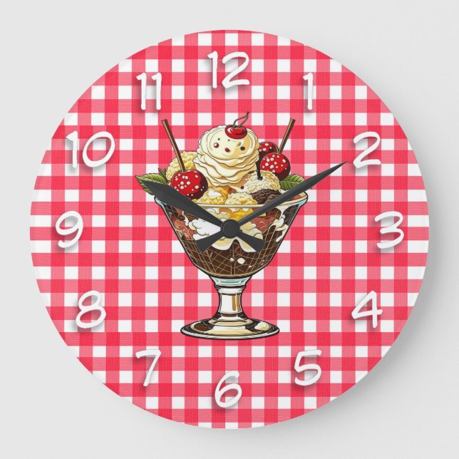 Ice Cream Sundae with Cherries Red Chequered Large Clock (Front)