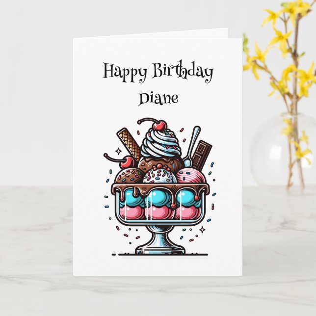  Ice Cream Sundae with Colouring Page Birthday Card (Yellow Flower)