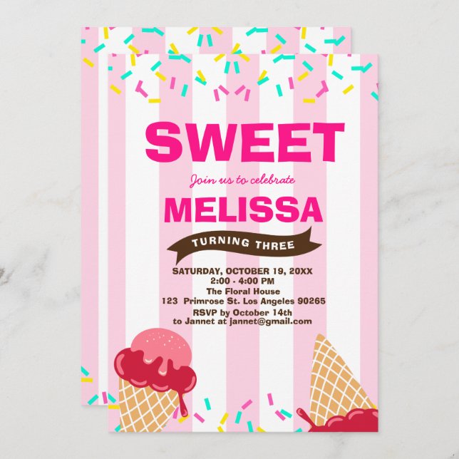 Ice-Cream Sweet Baby Sprinkle Candy shop Birthday Invitation (Front/Back)