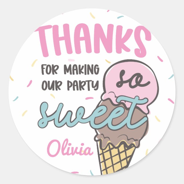 Ice Cream Sweet Celebration Birthday Thank You Classic Round Sticker (Front)