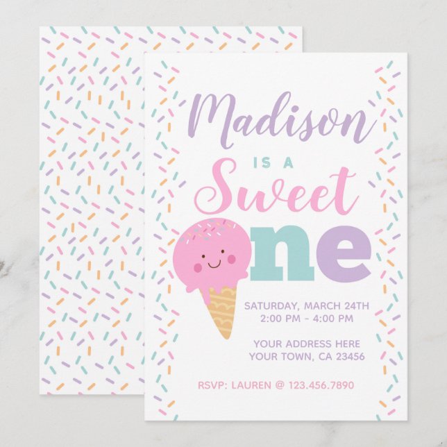 Ice Cream, Sweet One, 1st birthday Invitation (Front/Back)