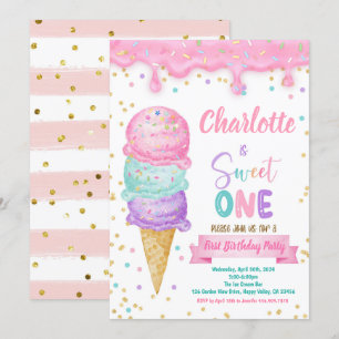Ice Cream Sweet One 1st Birthday Party Pink Mint Invitation
