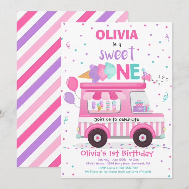 Ice Cream Sweet One Birthday Ice Cream Truck Invit Invitation (Front/Back)