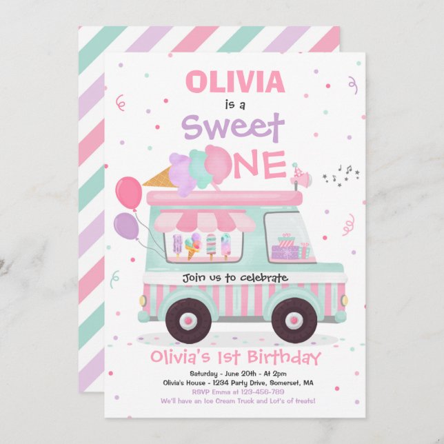 Ice Cream Sweet One Birthday Ice Cream Truck Invitation (Front/Back)