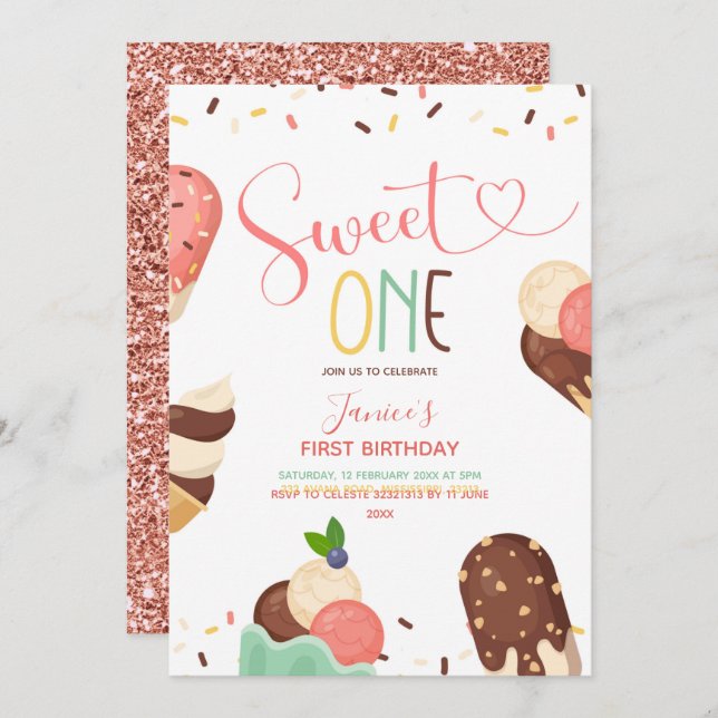 Ice Cream Sweet One First Birthday Invitation (Front/Back)