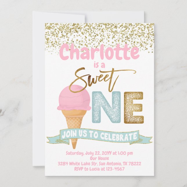 Ice Cream Sweet One Gold Sprinkles 1st Birthday Invitation (Front)