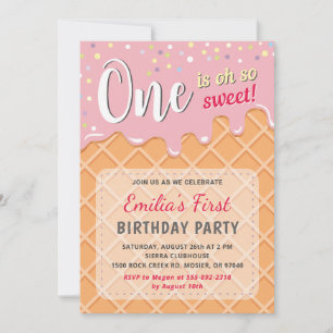 Ice Cream Sweet Party Girl First 1st Birthday Invitation
