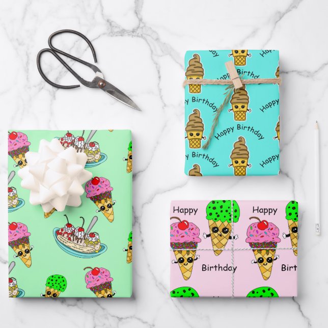 Ice Cream Themed Birthday Party Wrapping Paper She (Front)